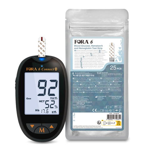 FORA 6 Connect 6 in 1 blutzuckermessgeräte Bluetooth, Blutzucker-, Hämatokrit- und Hämoglobin-Teststreifen (3-in-1: BG, HCT, HB) / 25 Stück