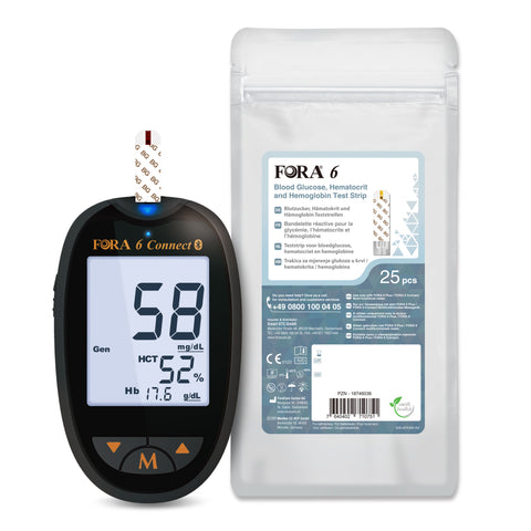 FORA 6 Connect Bluetooth, 3 in 1 (Blood Glucose, Hemoglobin, Hematocrit) Test Strip 25pcs Set