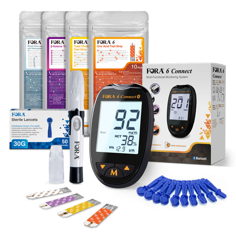 FORA 6 Connect | All-in-One Health Meter for the Family | Blood Glucose, Ketone, Cholesterol, Uric Acid, Hemoglobin, Hematocrit Tests | Bluetooth E-Diary | Family Care | Classic Black