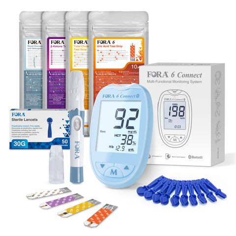 FORA 6 Connect | All-in-One Health Meter for the Family | Blood Glucose, Ketone, Cholesterol, Uric Acid, Hemoglobin, Hematocrit Tests | Bluetooth E-Diary | Family Care | Dreamy Blue