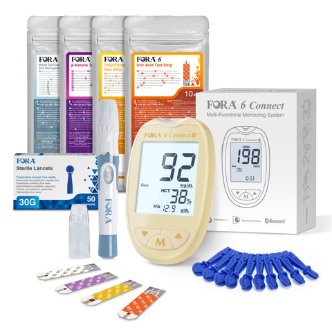 FORA 6 Connect | All-in-One Health Meter for the Family | Blood Glucose, Ketone, Cholesterol, Uric Acid, Hemoglobin, Hematocrit Tests | Bluetooth E-Diary | Family Care | Cream Yellow