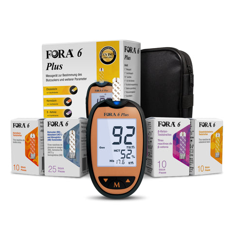 Deluxe bundle- FORA 6 Plus Multi-functional Monitoring System (mg/dL) with 6 parameter test strips.