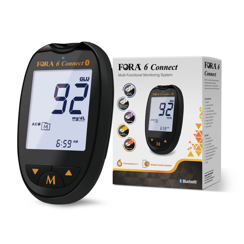 FORA 6 Connect | All-in-One Health Meter for the Family | Blood Glucose, Ketone, Cholesterol, Uric Acid, Hemoglobin, Hematocrit Tests | Bluetooth E-Diary | Family Care | Classic Black