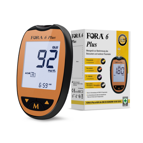 Deluxe bundle- FORA 6 Plus Multi-functional Monitoring System (mg/dL) with 6 parameter test strips.